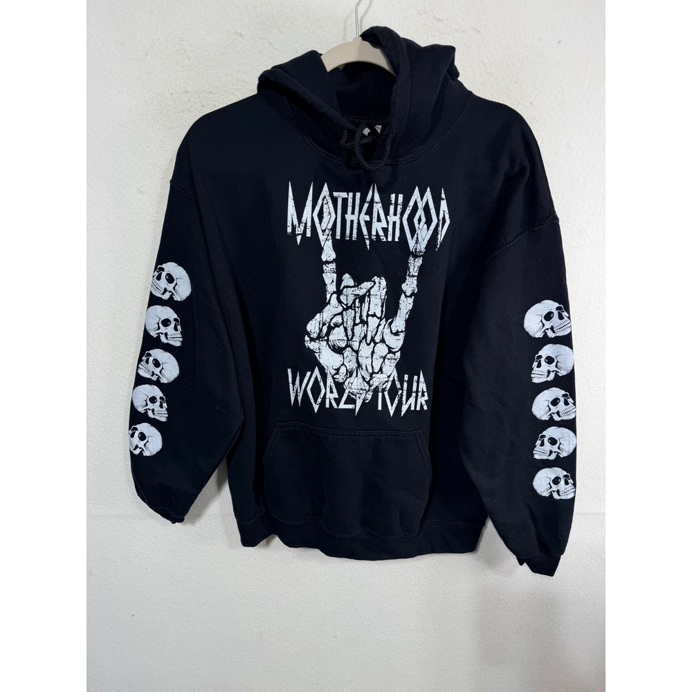 Motherhood World Tour Kaffeinated & Fatigued Hoodie Goth Rocker L Black Fleece
